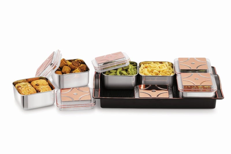 sunlife SUPER STEEL 6 Dry Fruit Serving Set 6 AirTight Stainless Steel Bowls with Clear Tray ChocolateDry FruitCookiesSweets Mouth Freshener Container with Tray SetBlack - Image 3