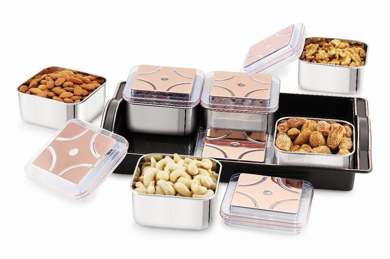 sunlife SUPER STEEL 6 Dry Fruit Serving Set 6 AirTight Stainless Steel Bowls with Clear Tray ChocolateDry FruitCookiesSweets Mouth Freshener Container with Tray SetBlack - Image 1