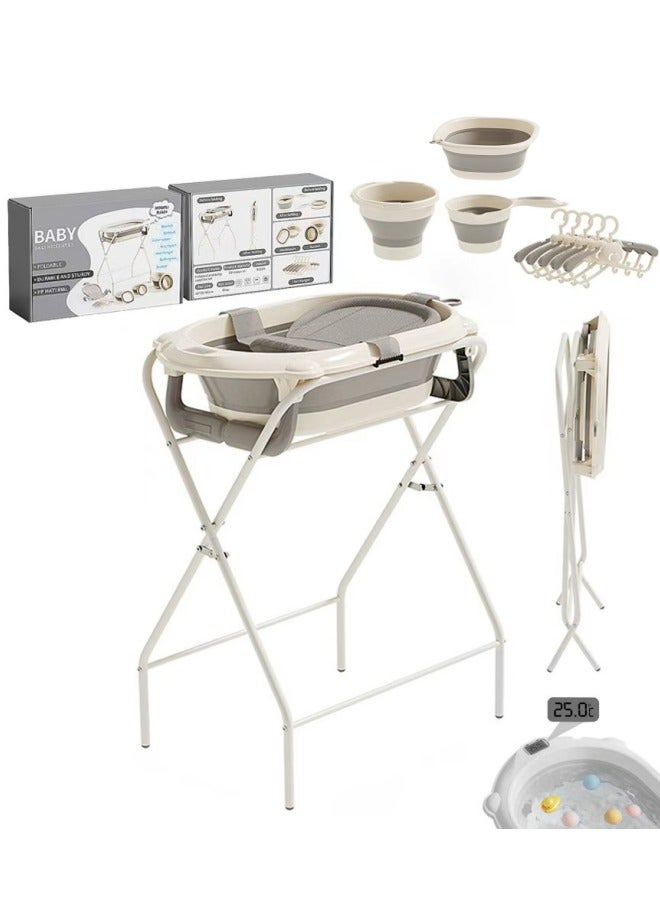 WALALLA 7-in-1 Foldable Baby Bathtub Stand Set for Newborns & Toddlers, Elevated Baby Bath Tub with Stand, Bath Mat, Bucket, Scoop, Washbasin & Hangers, Space-Saving Baby Bath Gift Set