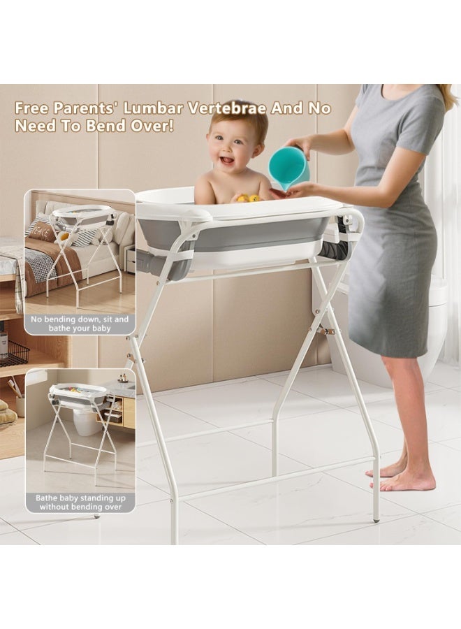 WALALLA 7-in-1 Foldable Baby Bathtub Stand Set for Newborns & Toddlers, Elevated Baby Bath Tub with Stand, Bath Mat, Bucket, Scoop, Washbasin & Hangers, Space-Saving Baby Bath Gift Set - Image 2