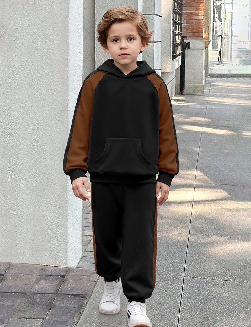 TALLWH Toddler Boy Clothes 4T 5T Boy Clothes Color-Block Raglan Sleeve Kangaroo Pocket Hoodie Sweatshirt & Jogger Pants Set Toddler Outfits for Boys Outfits Size 5 Black and Brown Contrast Fall 2 Piece - Image 4