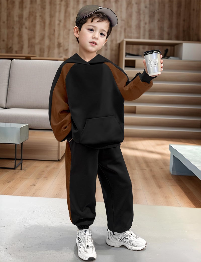 TALLWH Toddler Boy Clothes 4T 5T Boy Clothes Color-Block Raglan Sleeve Kangaroo Pocket Hoodie Sweatshirt & Jogger Pants Set Toddler Outfits for Boys Outfits Size 5 Black and Brown Contrast Fall 2 Piece - Image 3