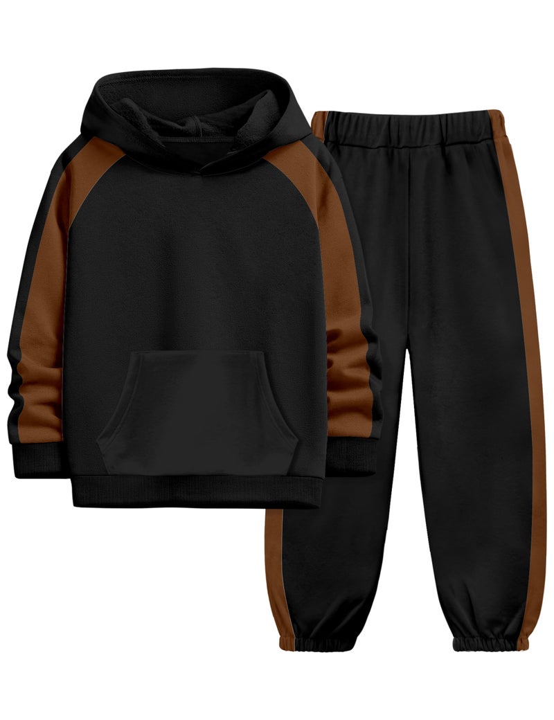 TALLWH Toddler Boy Clothes 4T 5T Boy Clothes Color-Block Raglan Sleeve Kangaroo Pocket Hoodie Sweatshirt & Jogger Pants Set Toddler Outfits for Boys Outfits Size 5 Black and Brown Contrast Fall 2 Piece - Image 1