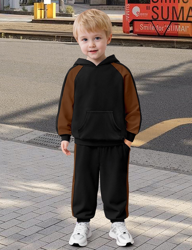 TALLWH Toddler Boy Clothes 4T 5T Boy Clothes Color-Block Raglan Sleeve Kangaroo Pocket Hoodie Sweatshirt & Jogger Pants Set Toddler Outfits for Boys Outfits Size 5 Black and Brown Contrast Fall 2 Piece - Image 2