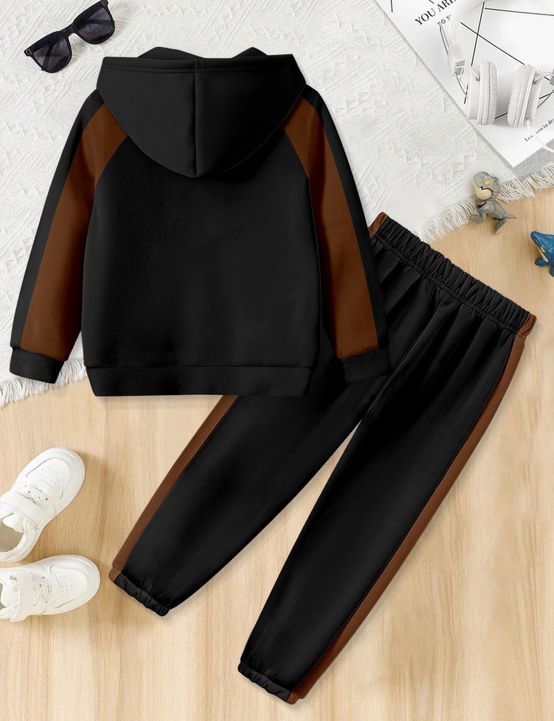 TALLWH Toddler Boy Clothes 4T 5T Boy Clothes Color-Block Raglan Sleeve Kangaroo Pocket Hoodie Sweatshirt & Jogger Pants Set Toddler Outfits for Boys Outfits Size 5 Black and Brown Contrast Fall 2 Piece - Image 5
