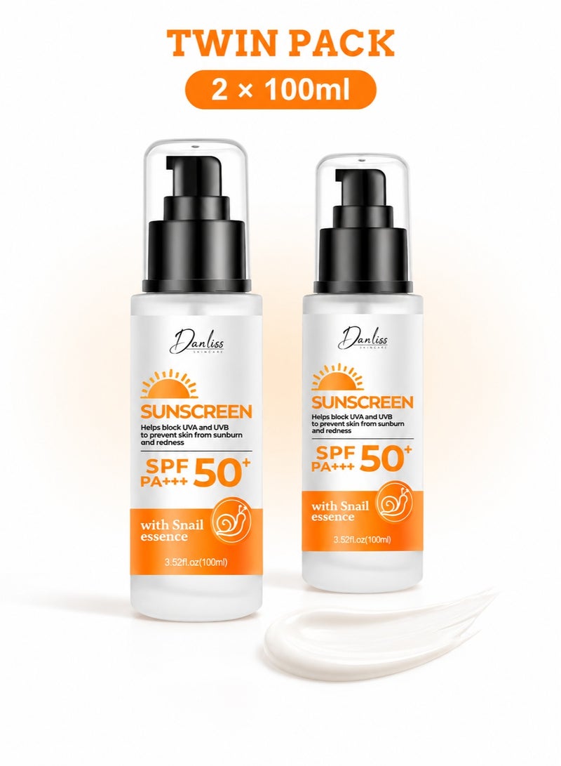 Danliss Face Sunscreen SPF 50+ PA+++ with Snail Essence, Hyaluronic Acid & Panthenol – Broad Spectrum UVA/UVB Protection, Lightweight Fast-Absorbing Moisturizing Sun Cream, Twin Pack 2 × 100ml - Image 1