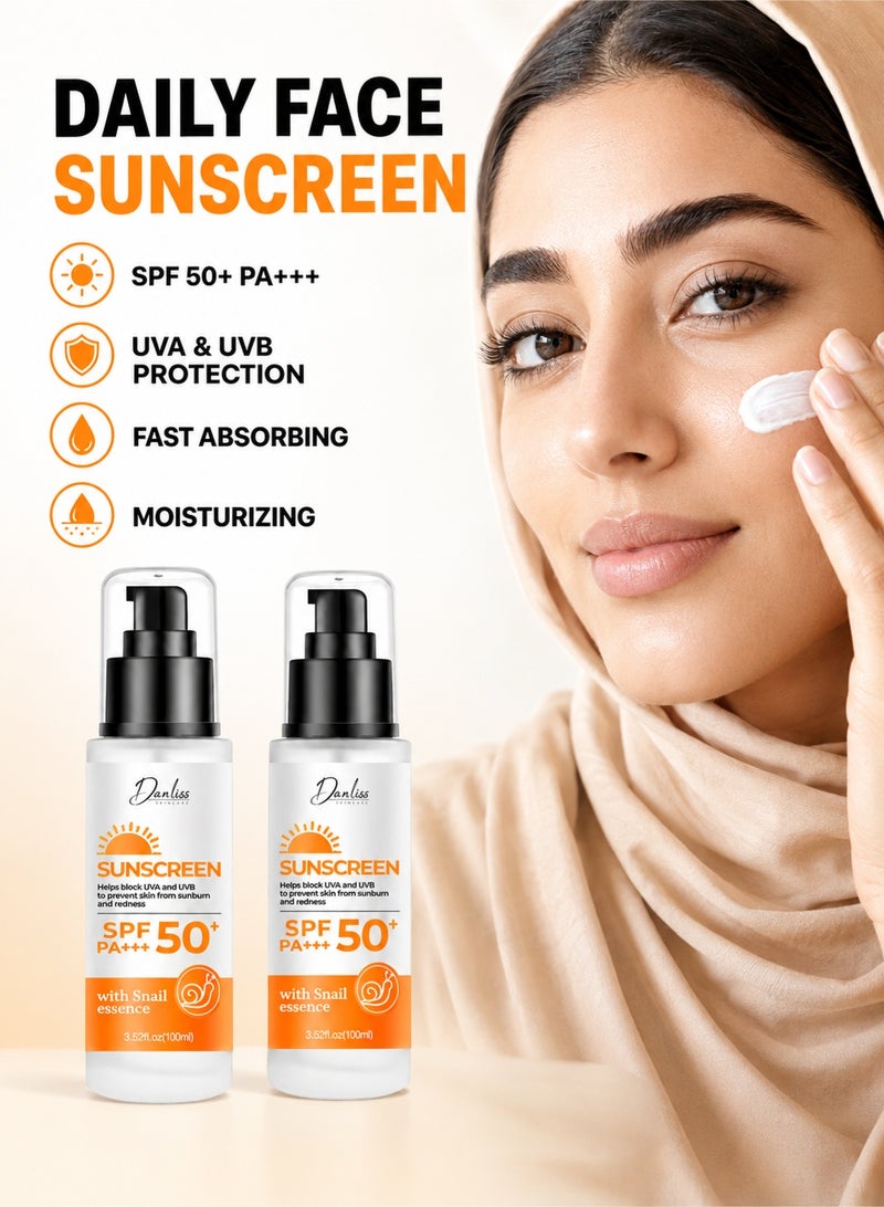Danliss Face Sunscreen SPF 50+ PA+++ with Snail Essence, Hyaluronic Acid & Panthenol – Broad Spectrum UVA/UVB Protection, Lightweight Fast-Absorbing Moisturizing Sun Cream, Twin Pack 2 × 100ml - Image 2
