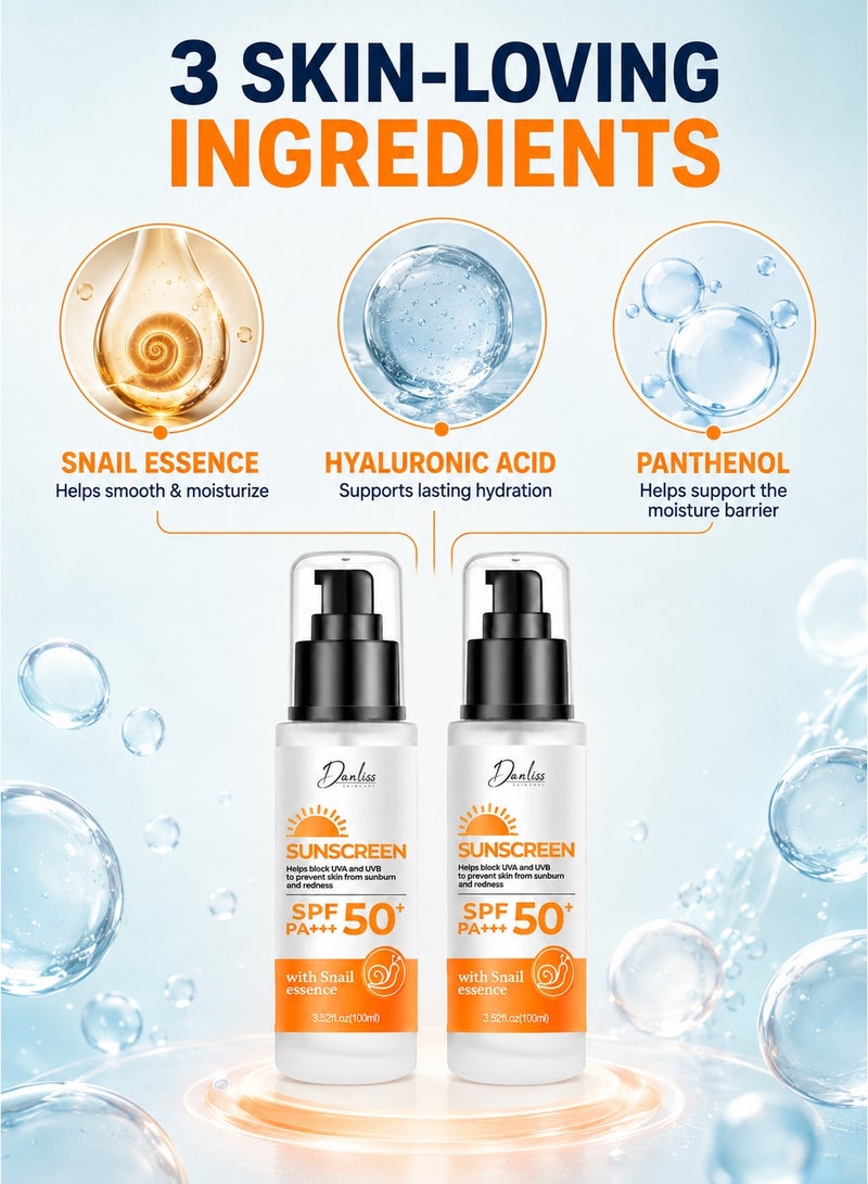 Danliss Face Sunscreen SPF 50+ PA+++ with Snail Essence, Hyaluronic Acid & Panthenol – Broad Spectrum UVA/UVB Protection, Lightweight Fast-Absorbing Moisturizing Sun Cream, Twin Pack 2 × 100ml - Image 3