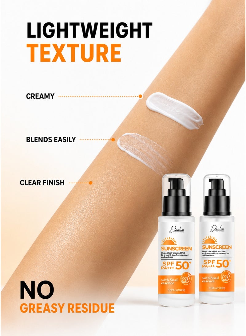 Danliss Face Sunscreen SPF 50+ PA+++ with Snail Essence, Hyaluronic Acid & Panthenol – Broad Spectrum UVA/UVB Protection, Lightweight Fast-Absorbing Moisturizing Sun Cream, Twin Pack 2 × 100ml - Image 5