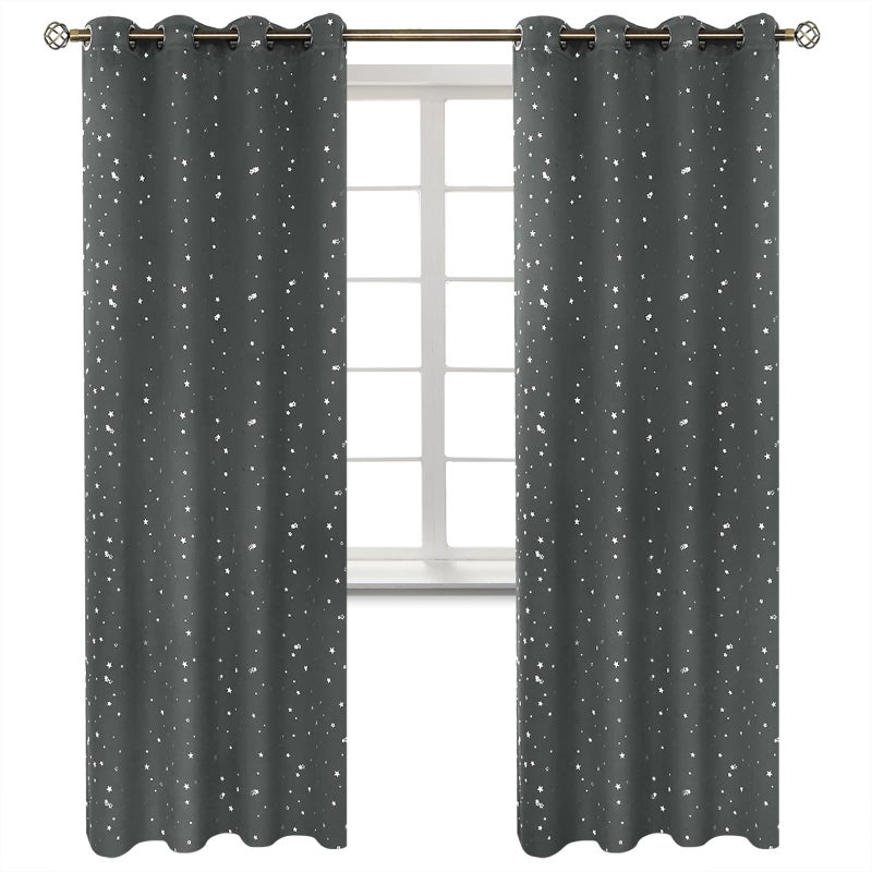 BGment Kids Blackout Curtains for Bedroom - Grommet Thermal Insulated Silver Star Print Room Darkening Curtains for Living Room  Set of 2 Panels (52 x 84 Inch  Dark Grey) - Image 1
