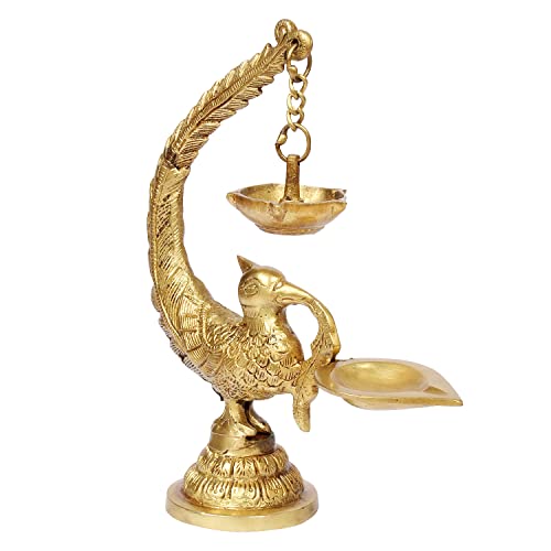 Artvarko Brass Bird Peacock Traditional Designer Hanging Diya Oil Lamp Stand Diwali Puja Home Office Temple 8 Inches - Image 2