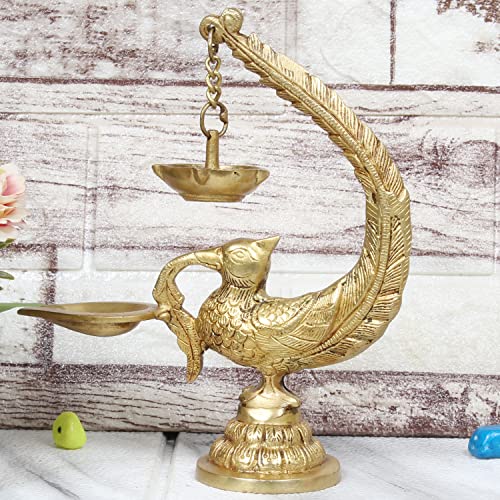Artvarko Brass Bird Peacock Traditional Designer Hanging Diya Oil Lamp Stand Diwali Puja Home Office Temple 8 Inches - Image 1