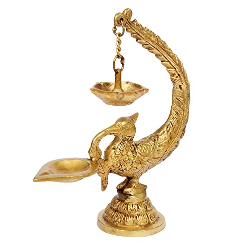 Artvarko Brass Bird Peacock Traditional Designer Hanging Diya Oil Lamp Stand Diwali Puja Home Office Temple 8 Inches - Image 3