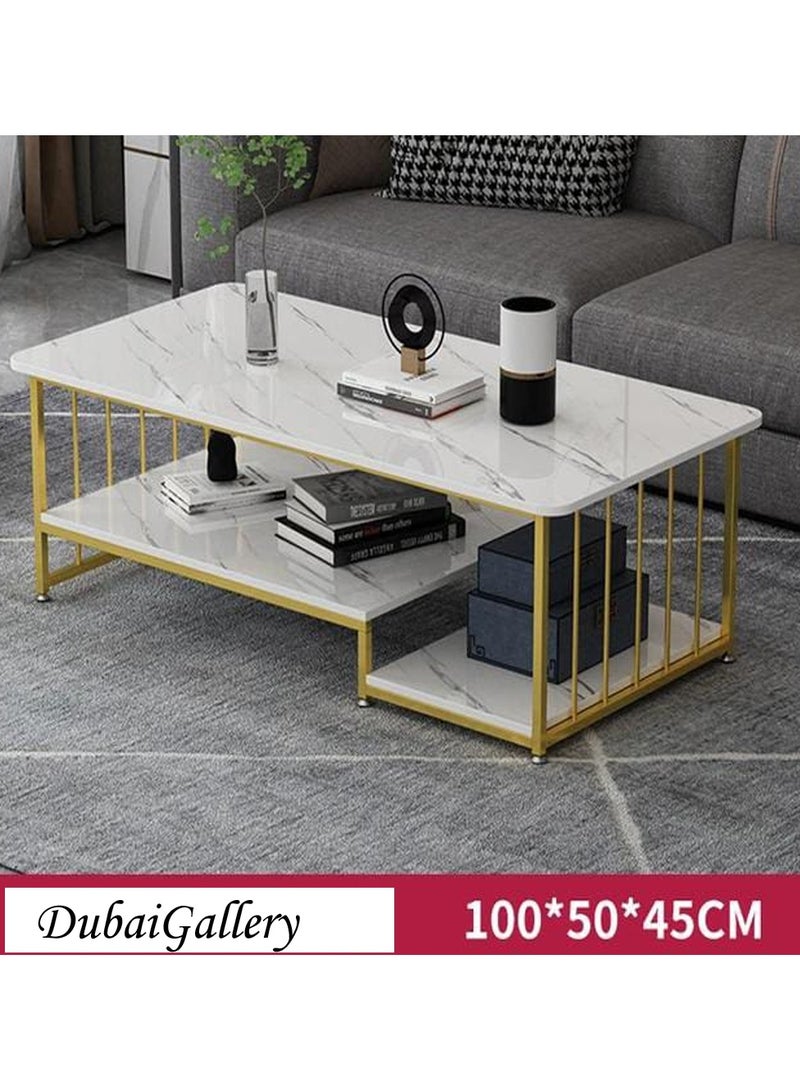 DubaiGallery Simple and modern marble pattern top coffee table with gold metal frame Two tiers of shelving space for storage and display Suitable for use in living room - Image 4