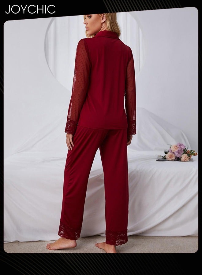 Joychic طقم بيجامة نسائي بأكمام طويلة من الدانتيل والشبك بلون موحد - قميص تنفس مريح مع ياقة لثوب النوم لفصل الربيع والصيف والخريف بلون أحمر نبيذي - Image 3