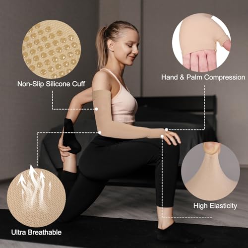 Hiball Lymphedema Medical Compression Arm Sleeve with Gauntlet, 20-30 mmHg Graduated Compression Full Arm Support for Women Men, Long Pressure Arm Hand Brace for Arthritis, Bursitis, Edema, Nerve Pain - Image 4