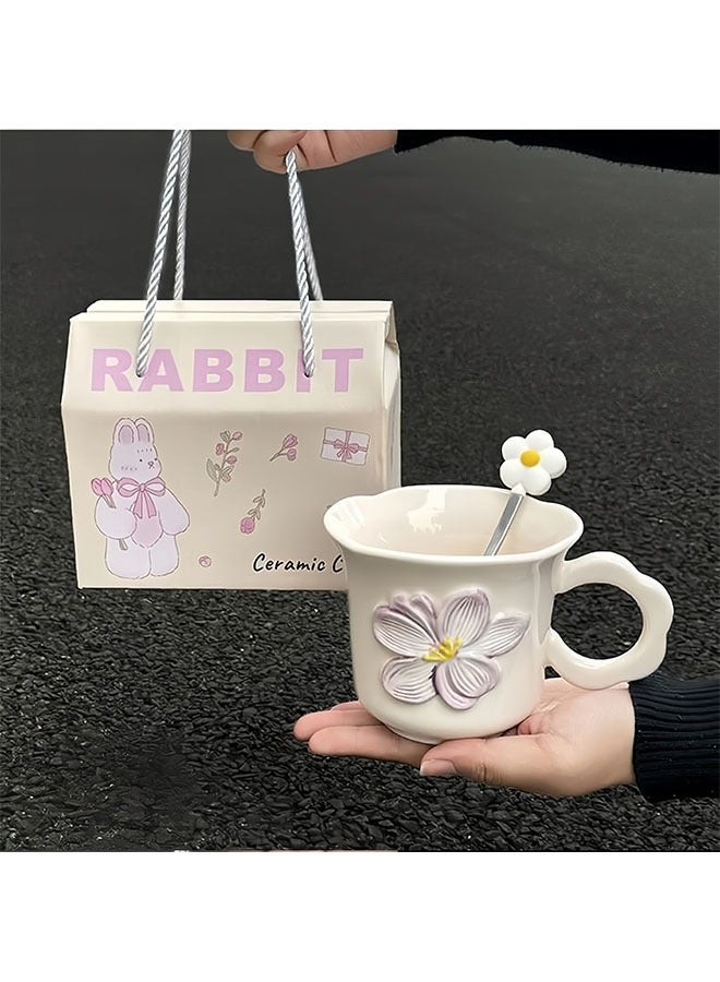 Ceramic Flower Coffee Mug with Spoon – 3D Embossed Petal Design, Microwave Safe Aesthetic Cup for Coffee, Milk, Juice - Image 1