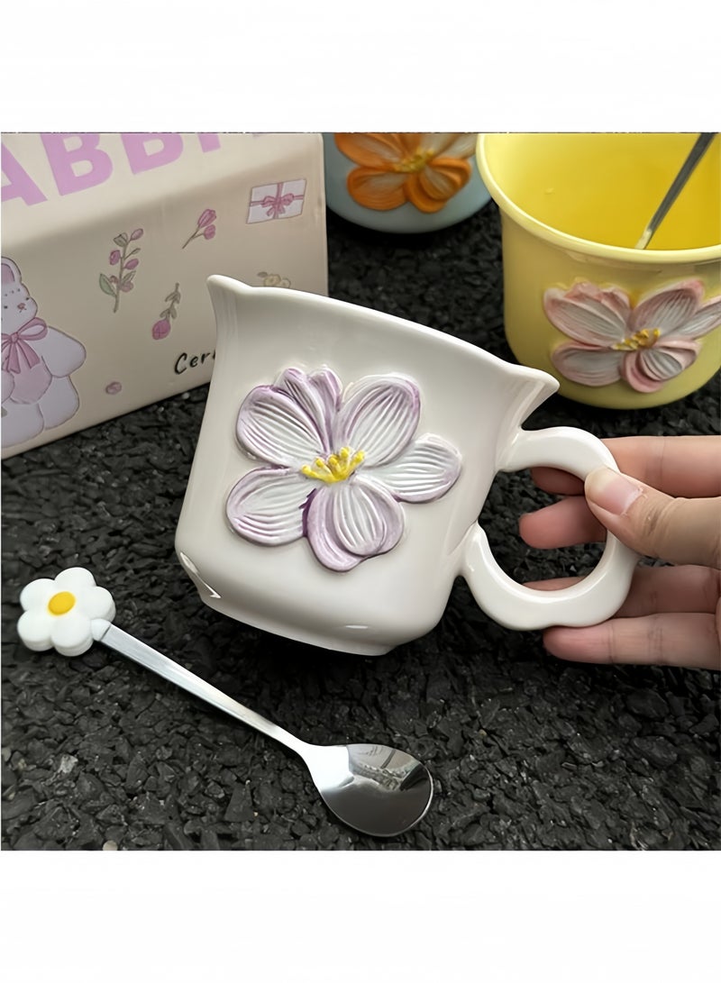 Ceramic Flower Coffee Mug with Spoon – 3D Embossed Petal Design, Microwave Safe Aesthetic Cup for Coffee, Milk, Juice - Image 3