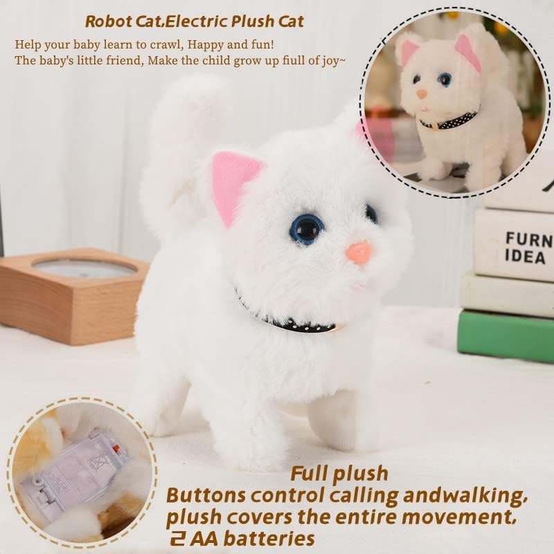 ELECDON Electric Plush Cat, Electronic Interactive Toy, Persian Cat Stuffed Animal, Can Walking, Running, Meowing Wagging Tail Kitten, Interactive Companion Pets, Gift for Kids Children's Birthday (White) - Image 4