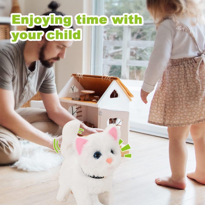 ELECDON Electric Plush Cat, Electronic Interactive Toy, Persian Cat Stuffed Animal, Can Walking, Running, Meowing Wagging Tail Kitten, Interactive Companion Pets, Gift for Kids Children's Birthday (White) - Image 2