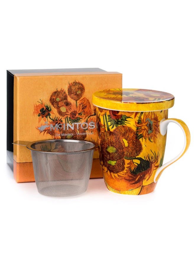 McIntosh Van Gogh Sunflowers Fine Bone China (15 oz) Tea Mug with Lid and Infuser in Matching Gift Box - Image 2