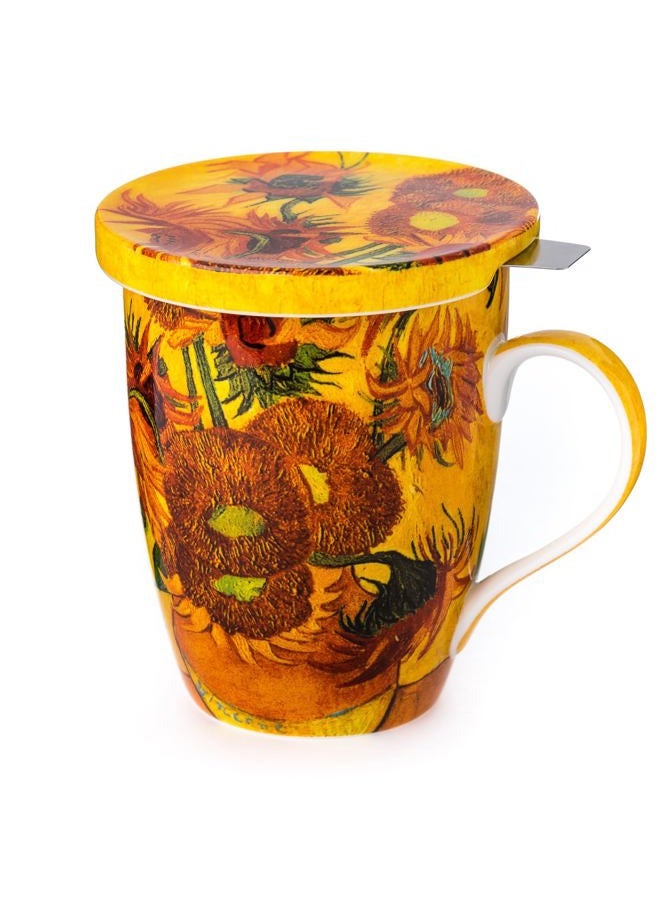 McIntosh Van Gogh Sunflowers Fine Bone China (15 oz) Tea Mug with Lid and Infuser in Matching Gift Box - Image 1