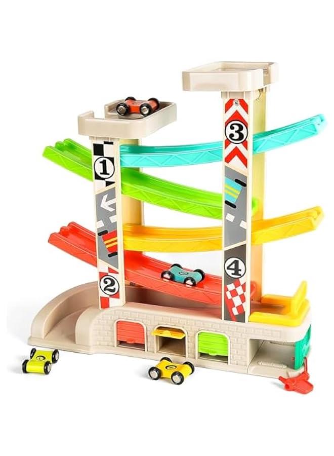 HOOKOR Car Ramp Toys, Race Track Car Toy for Toddler Age 2-4 Year Old Boy with 4 Car, Parking Lot & Gas Station - Image 1