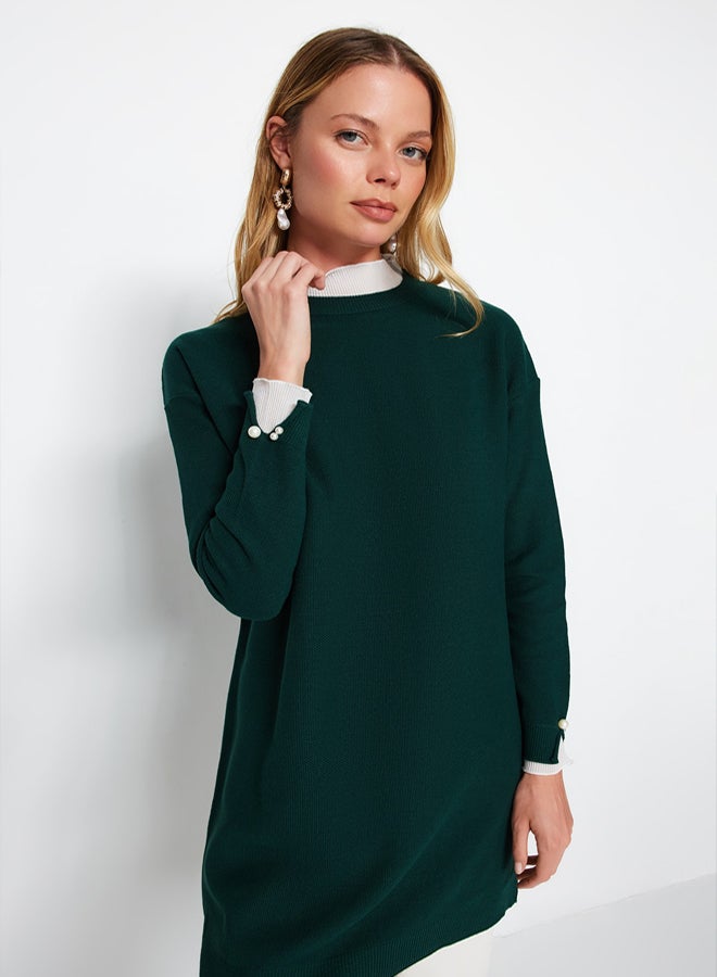 trendyol Dark Green Sleeve Pearl Detailed Knitwear Sweater - Image 1