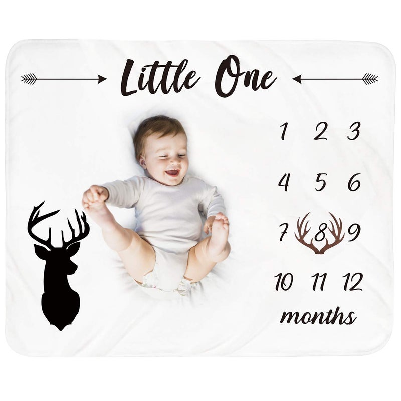 بطانية milestones الشهرية للأطفال تبيبي - بطانية حديثي الولادة للشهر - هدية استحمام شخصية - ديكور حضانة مع قرون الغزال - خلفية تصوير مع إطار - كبيرة 51x40