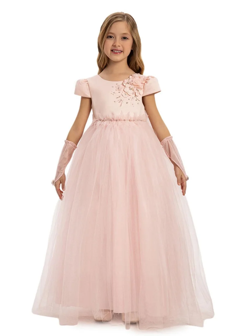 فيا بامبينو فستان تول وردي بلون الخدود مزين بالزهور