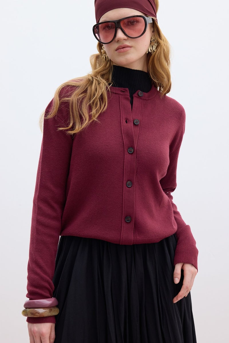Manuka Soft Texture Knit Cardigan Claret Red  - Image 1