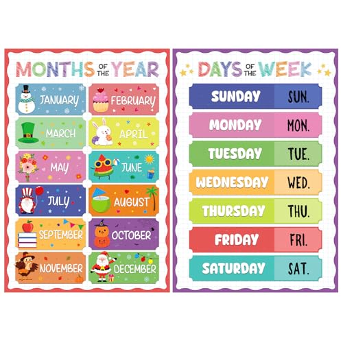 D4DREAM Days of The Week Poster for Kids - 2Pcs Laminated Months of the Year Poster for Classroom Decorations Toddler Learning Posters for PreK Kindergarten Homeschool Nursery Daycare Essentials - Image 1