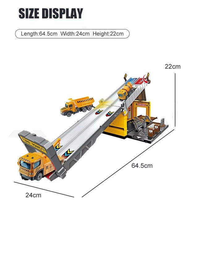 Die-Cast Vehicles, Storage & Ejection Competitive Track Parking Lot, Race Car Track Toy Truck Set with Foldable Race Tracks, Transport Car Carrier for Toddlers, Cars Toy Set Container Truck with 4 Alloy Cars, Vehicles Toy Set for 3+ Kids Boys & Girls - Image 2
