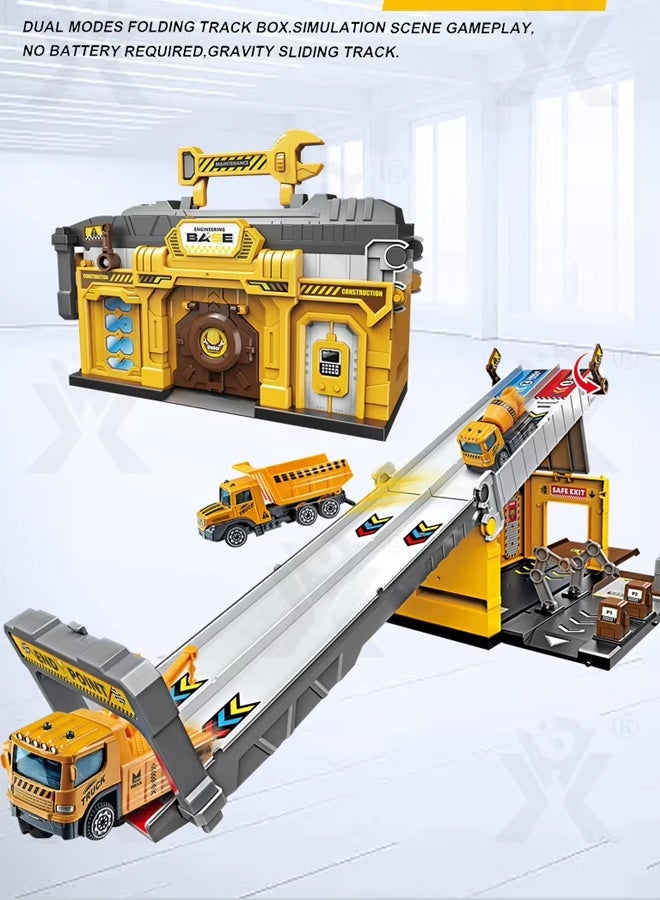 Die-Cast Vehicles, Storage & Ejection Competitive Track Parking Lot, Race Car Track Toy Truck Set with Foldable Race Tracks, Transport Car Carrier for Toddlers, Cars Toy Set Container Truck with 4 Alloy Cars, Vehicles Toy Set for 3+ Kids Boys & Girls - Image 4