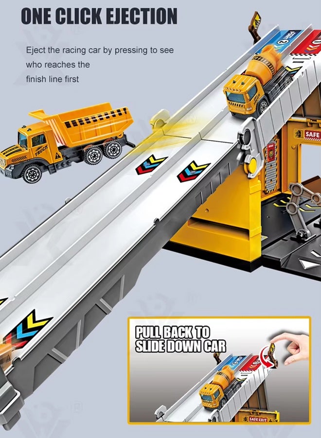 Die-Cast Vehicles, Storage & Ejection Competitive Track Parking Lot, Race Car Track Toy Truck Set with Foldable Race Tracks, Transport Car Carrier for Toddlers, Cars Toy Set Container Truck with 4 Alloy Cars, Vehicles Toy Set for 3+ Kids Boys & Girls - Image 3