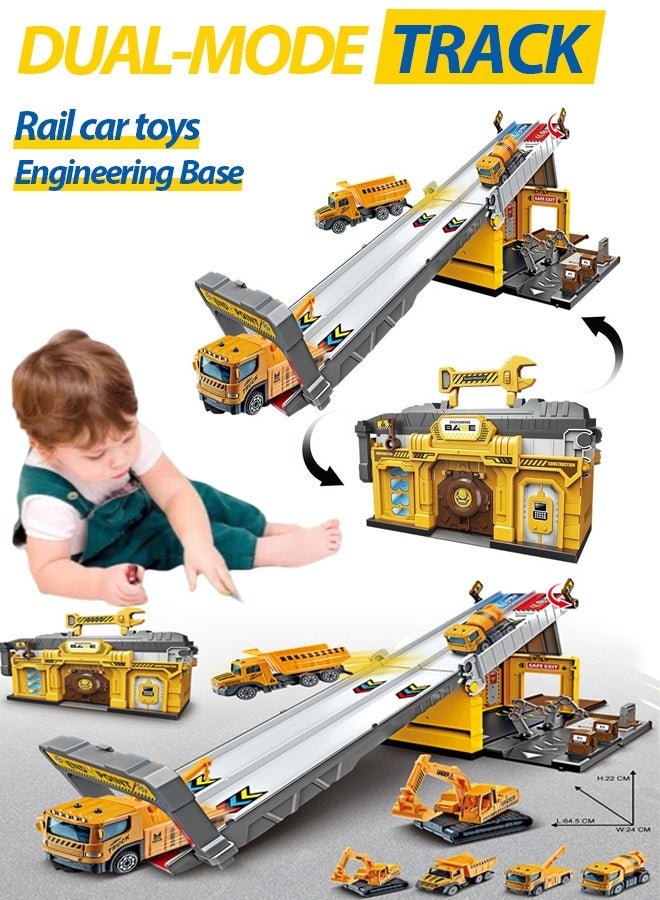 Die-Cast Vehicles, Storage & Ejection Competitive Track Parking Lot, Race Car Track Toy Truck Set with Foldable Race Tracks, Transport Car Carrier for Toddlers, Cars Toy Set Container Truck with 4 Alloy Cars, Vehicles Toy Set for 3+ Kids Boys & Girls - Image 1