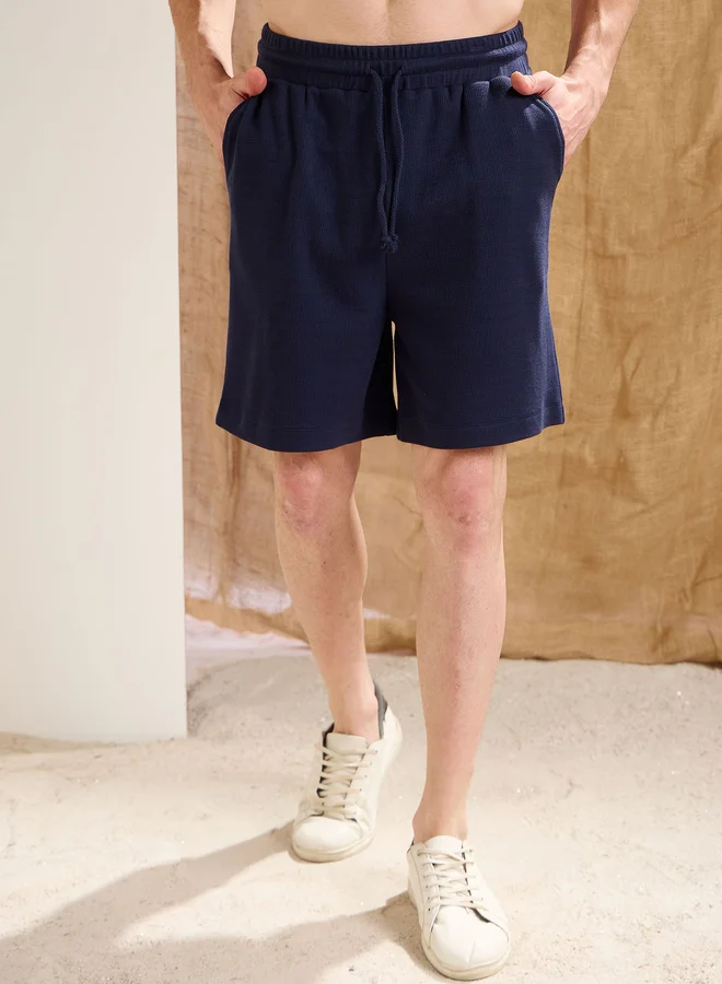 ساسافراس Sassafras Men Navy Blue Waffle Textured Relaxed Fit Shorts