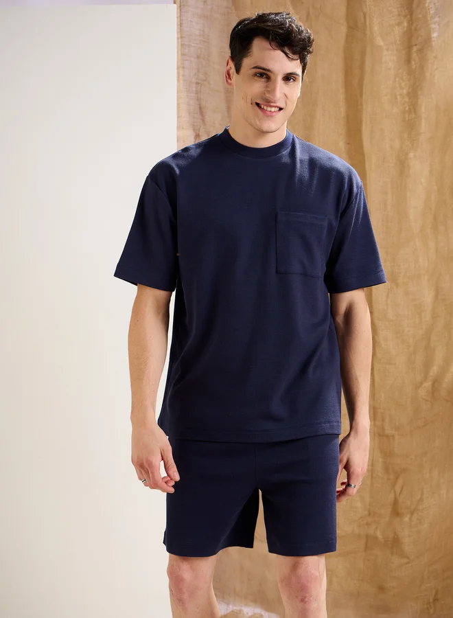 SASSAFRAS Men Navy Blue Waffle Textured Relaxed Fit Shorts