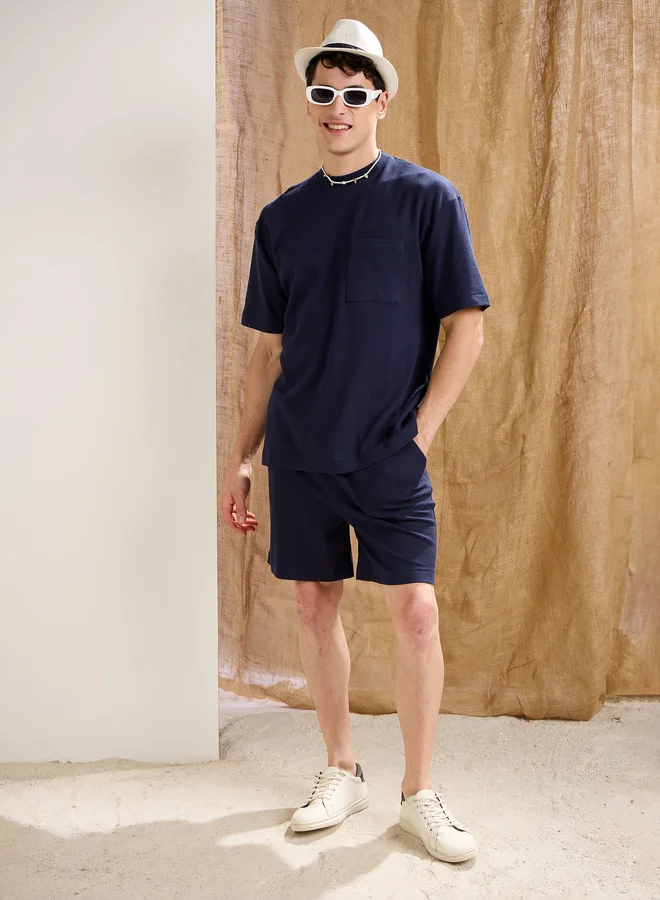 ساسافراس Sassafras Men Navy Blue Waffle Textured Relaxed Fit Shorts