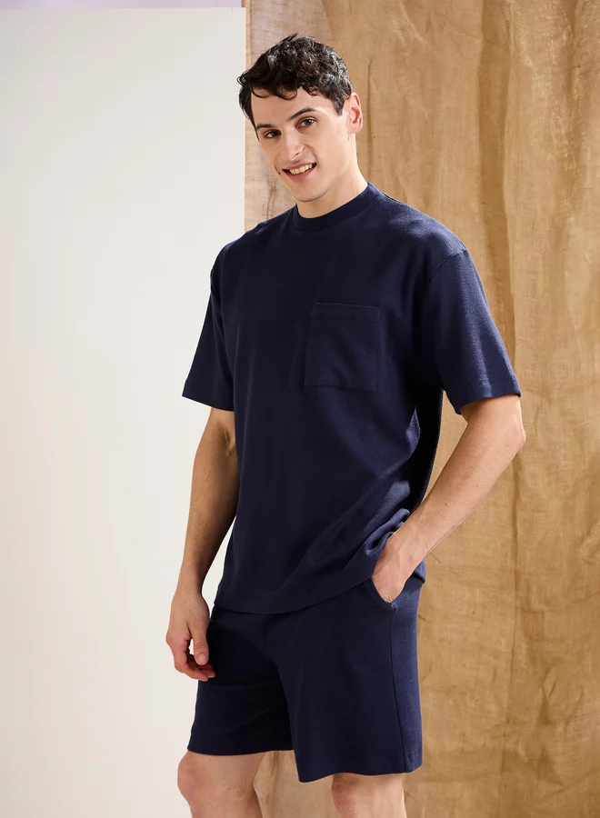 SASSAFRAS Men Navy Blue Waffle Textured Relaxed Fit Shorts