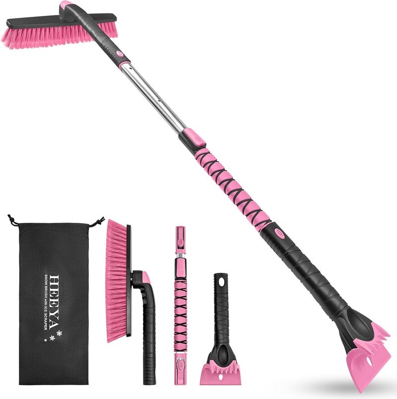 HEEYA 48 Inch Long Snow Brush for SUV, Extendable Ice Scraper and Brush with Foam Grip, 360° Pivoting Snow Car Brush for Truck Auto Jeep RV Vehicle Windshield Window - Pink - Image 1