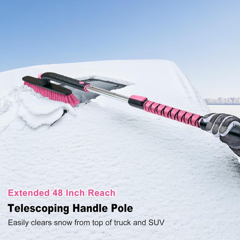 HEEYA 48 Inch Long Snow Brush for SUV, Extendable Ice Scraper and Brush with Foam Grip, 360° Pivoting Snow Car Brush for Truck Auto Jeep RV Vehicle Windshield Window - Pink - Image 2