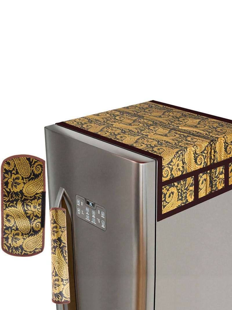 Kuber Industries مجموعة كوبر للصناعات من 2 غطاء قابل للمسح ومضاد للغبار لسطح الثلاجة مع غطاء المقبض | غطاء ثلاجة سهل التنظيف للمنزل | طباعة ذهبية على خلفية سوداء - Image 1