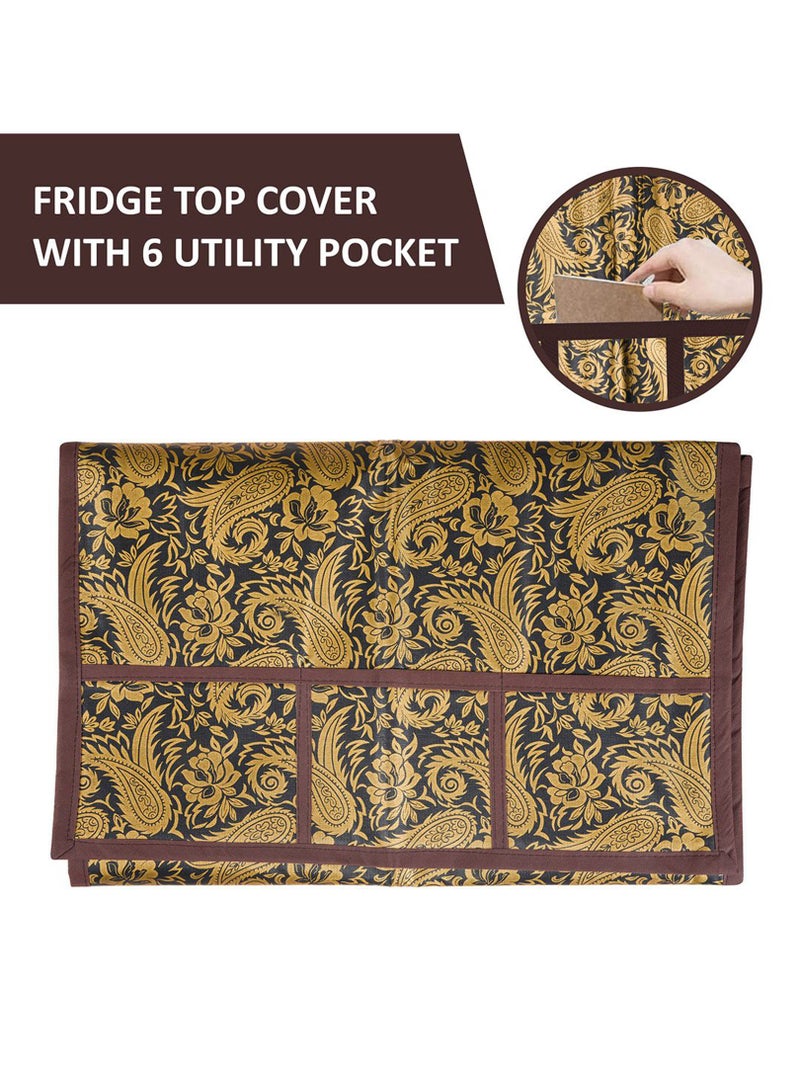 Kuber Industries مجموعة كوبر للصناعات من 2 غطاء قابل للمسح ومضاد للغبار لسطح الثلاجة مع غطاء المقبض | غطاء ثلاجة سهل التنظيف للمنزل | طباعة ذهبية على خلفية سوداء - Image 4