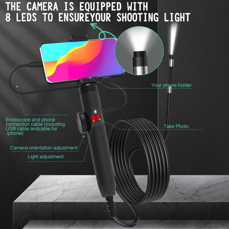 J108 8mm IP67 Steerable Borescope Camera 1080P ABS Two Way Articulation 39 Inch - Image 2
