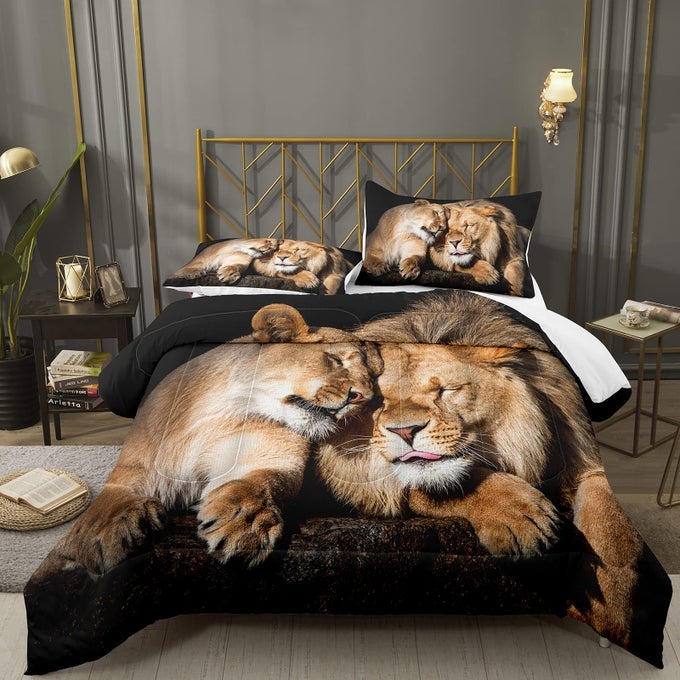 LOVER COUPLE LION COMFORTER SET KING SOFT MICROFIBER LION BEDDING SET KING SIZE ANIMAL COMFORTER SET WITH PILLOWCASES1 COMFORTER2 PILLOW SHAMS 4004