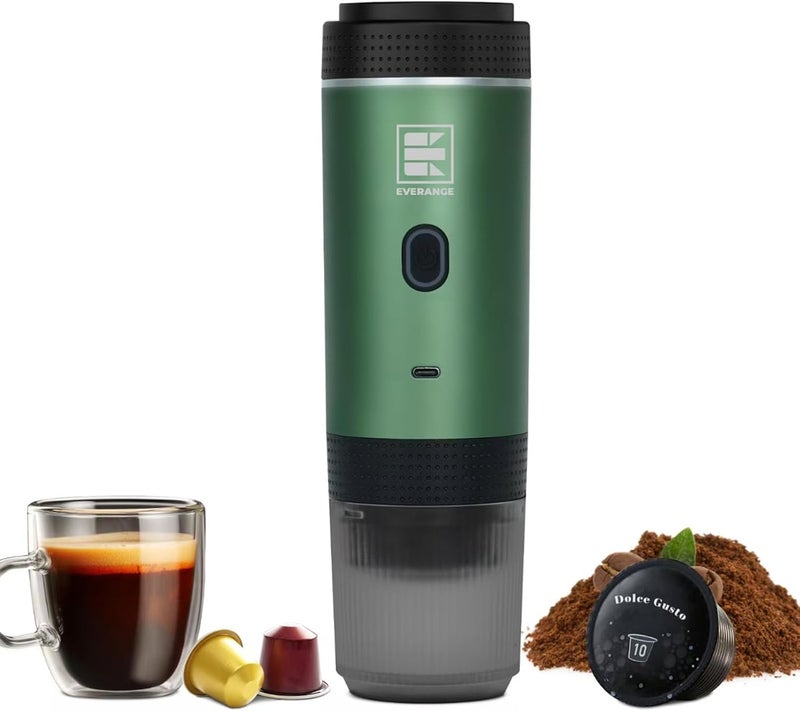 EVERANGE Portable Electric Espresso Machine, Car Coffee Maker for Travel Camping, Battery Powered Coffee Brewer Compatible with Ground Coffee & NS Capsules, Green - Image 1