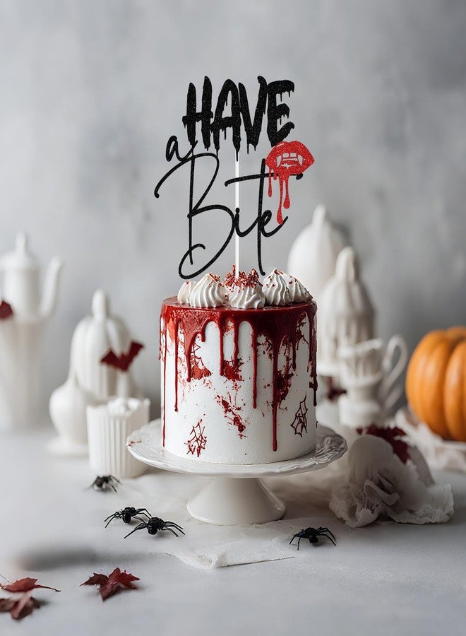 ZACHAKO Black Glitter Have A Bite Cake Topper, Killer Zombie Scary Night Party Décor, Vampire Themed Birthday Halloween Party Decorations Supplies - Image 3
