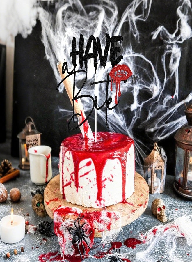ZACHAKO Black Glitter Have A Bite Cake Topper, Killer Zombie Scary Night Party Décor, Vampire Themed Birthday Halloween Party Decorations Supplies - Image 4