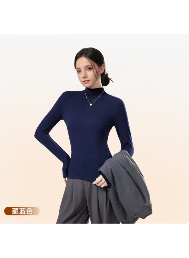 Spring New Style Merino Wool Base Layer Women's Slim-fit Antibacterial Solid Color T-shirt Outer Wear Half-high Collar Warm Top